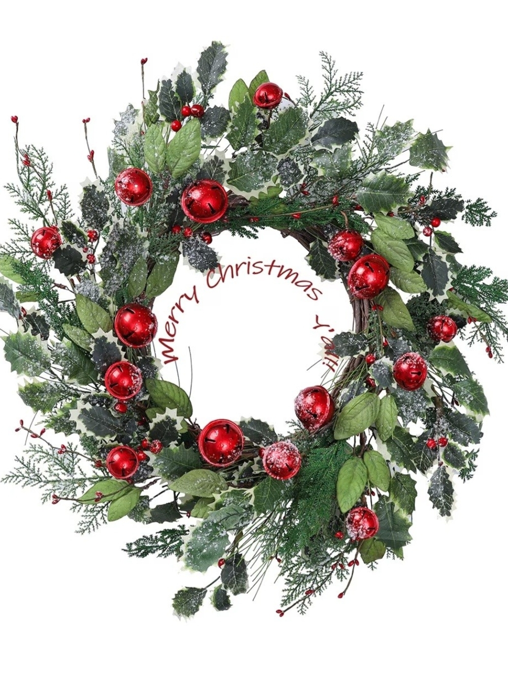 Red and Green Christmas Berry Wreath with Jingle Bells. 20 inches. NEW.